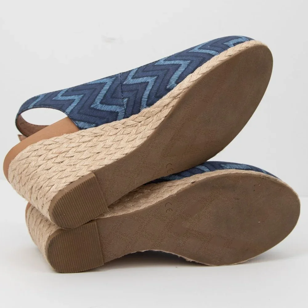Vionic Cora Lina Chevron Wedge Espadrille Slingback Shoes Blue Tan Size 7 - Picture 7 of 8